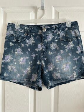 Floral Print Denim Women’s Shorts - Purple on Dark Blue